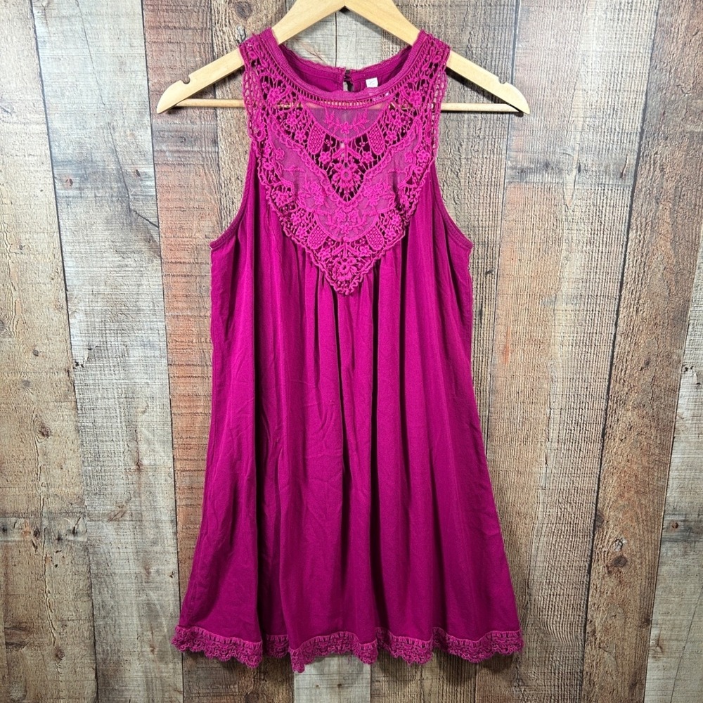 Xhilaration Magenta Pink Crochet Lace Swing Dress Boho Festival Halter Medium